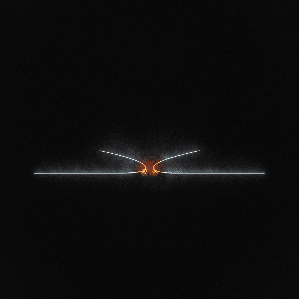 Single thread of cool light fractures into a glowing orange seam against deep black