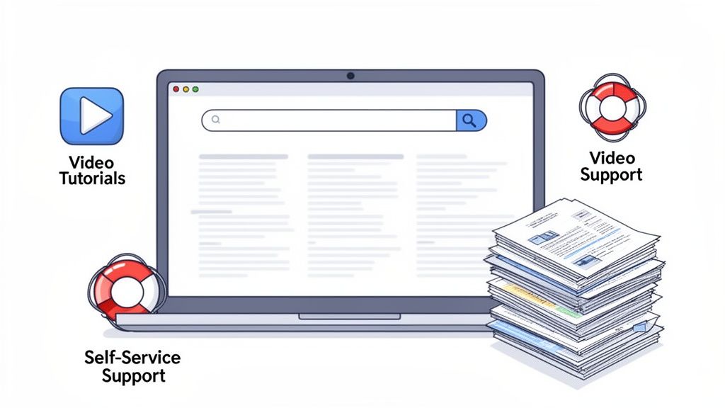 A laptop showing a search engine, flanked by icons for video tutorials, video and self-service support.