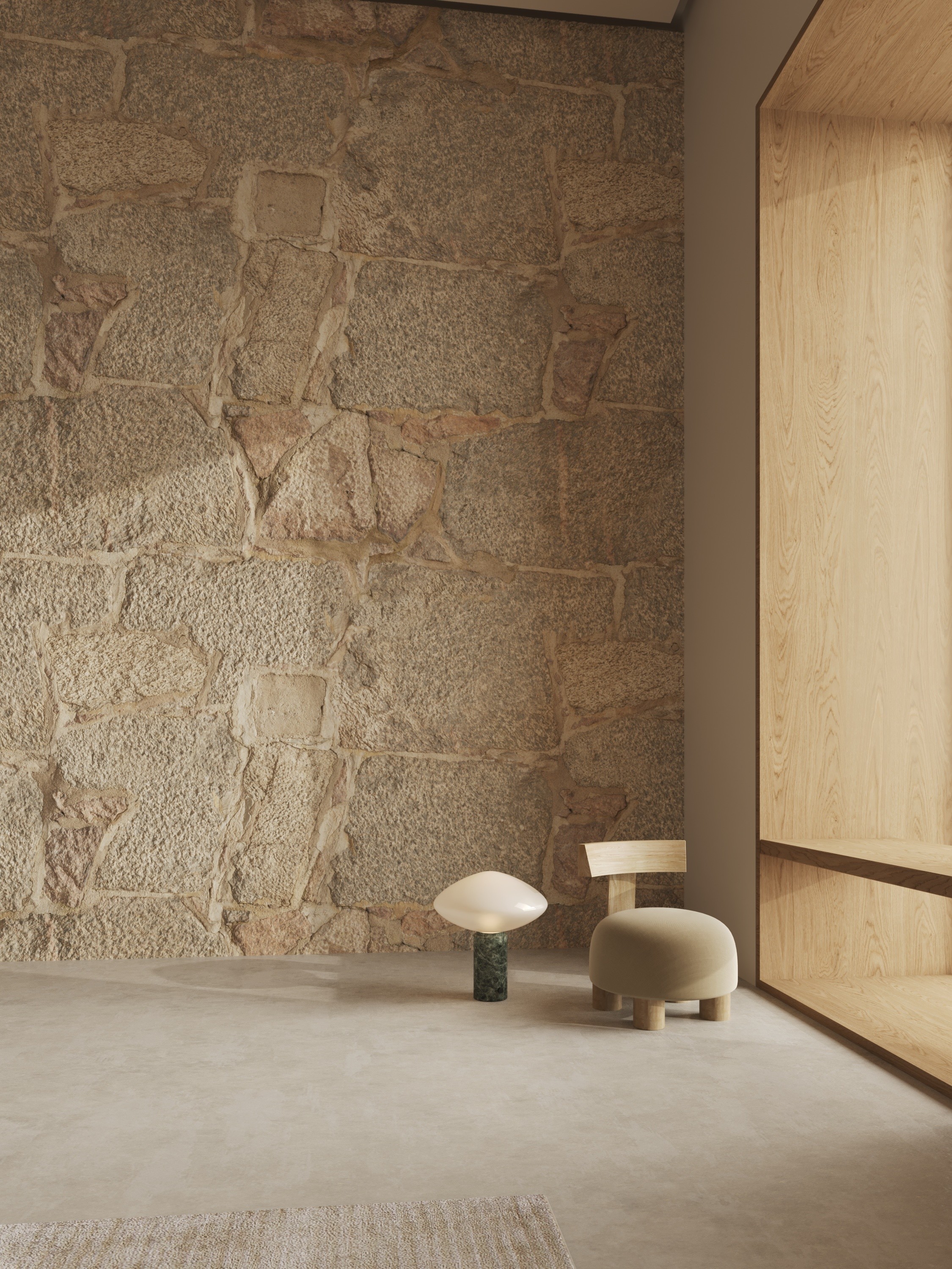 A moody scene of a room with a lamp shade
