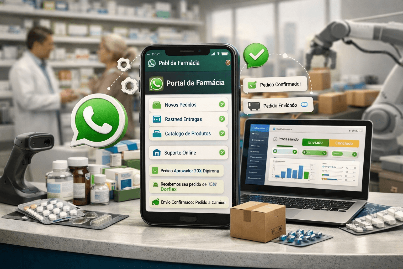 WhatsApp como portal de pedidos para farmácias, com automação de atendimento do distribuidor, confirmação de pedidos e integração com sistema para escalar vendas sem aumentar equipe.
