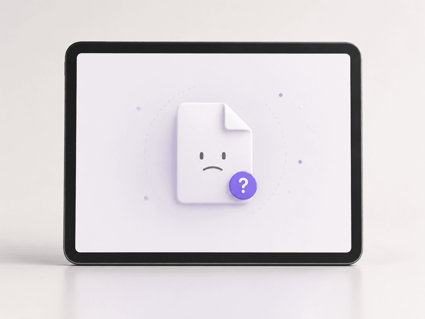 Tablet showing a sad document icon and a purple question mark, representing a missing, unsupported, or unknown file issue.