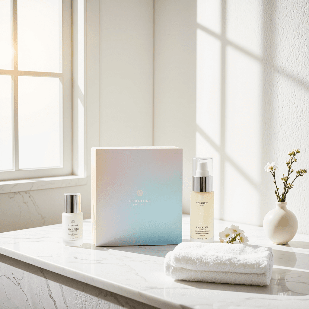 product photography of a skincare gift set containing serums and a mist spray