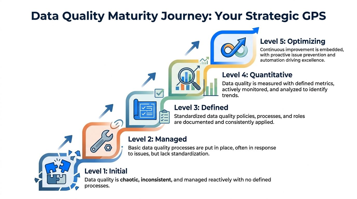 A diagram illustrating the five levels of a data quality maturity model from initial to optimizing stages.