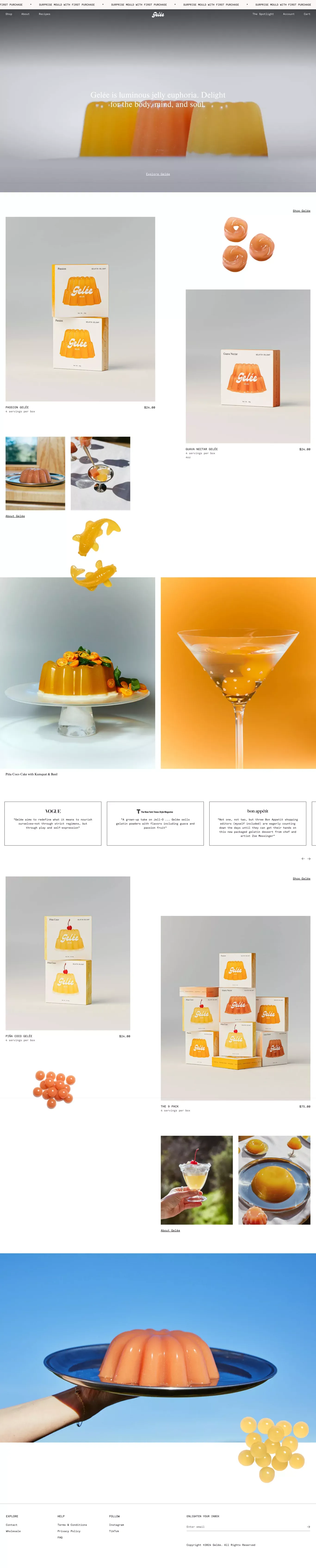 Gelée landing page screenshot showcasing Food & Drinks and Ecommerce design