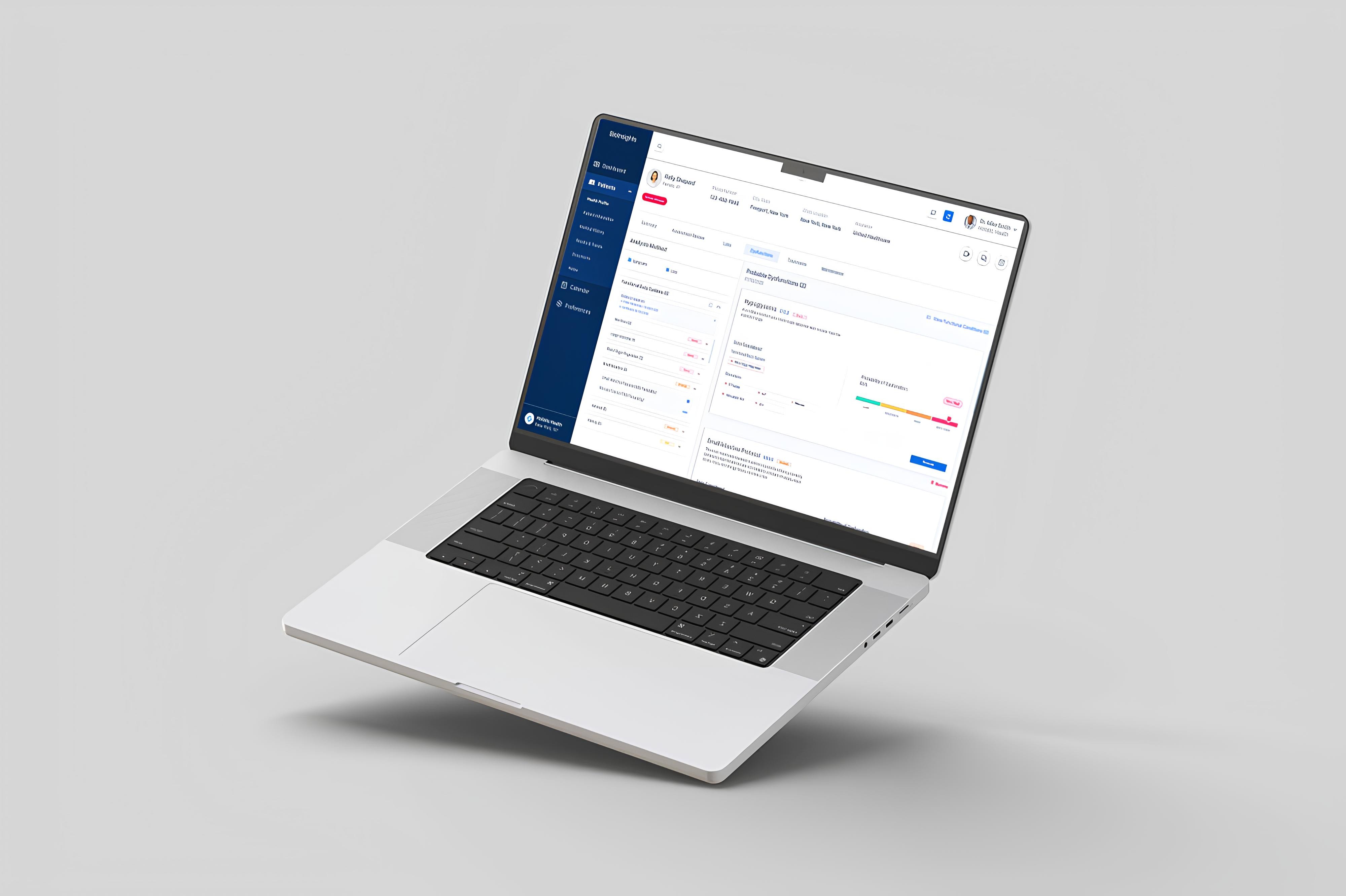 A grey macbook laptop showing a design of a medical web platform.