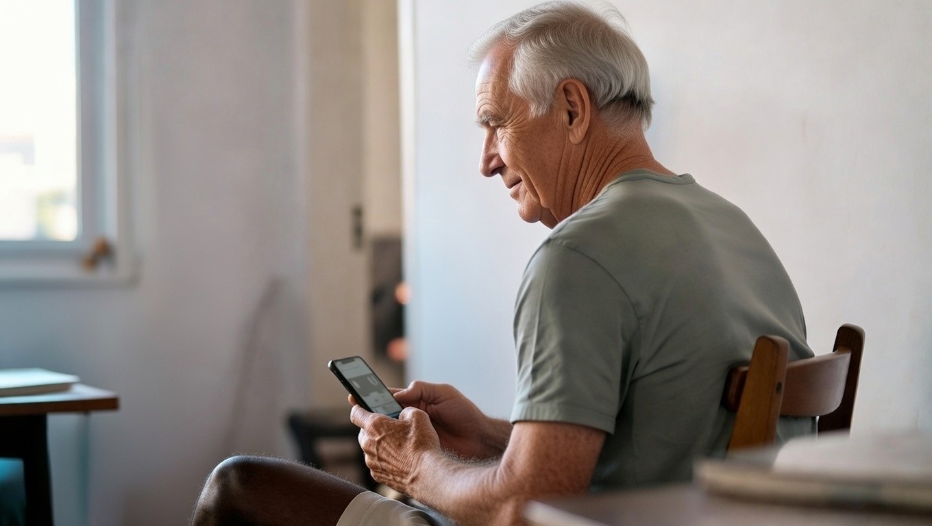 Um senhor vendo seu celular