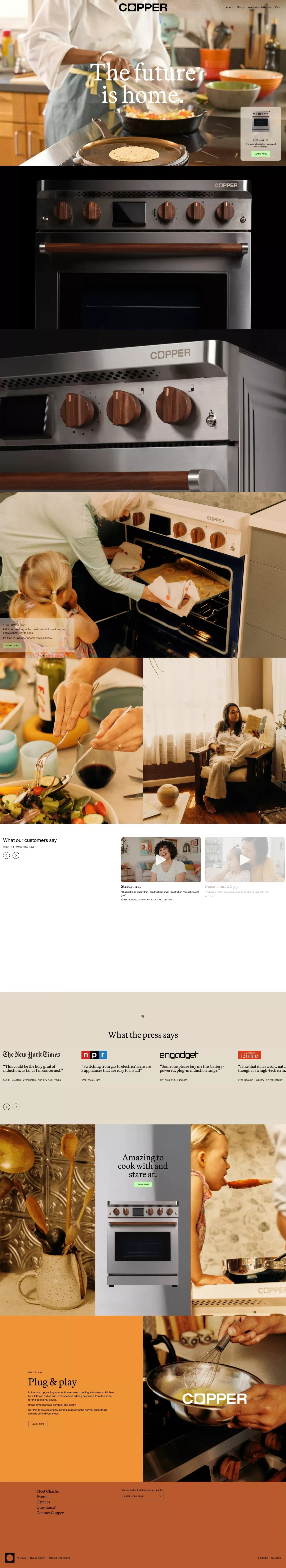 Copper - Battery-Equipped Appliances landing page screenshot showcasing Food & Drinks and Tech design