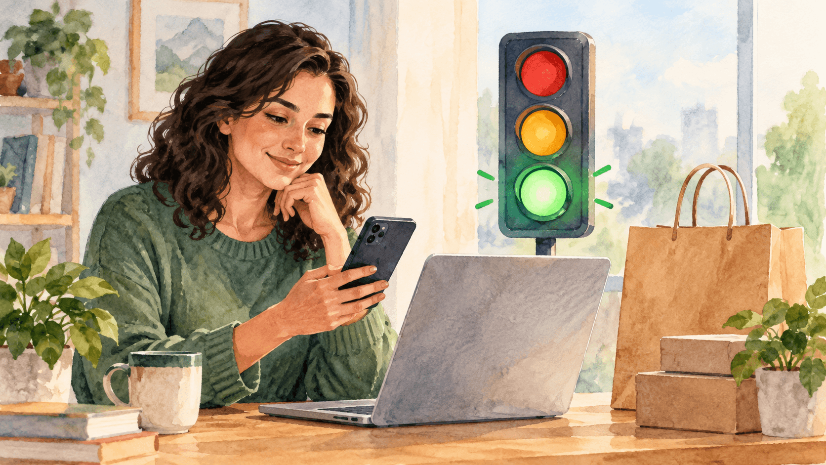 Ilustração em aquarela de uma mulher avaliando uma compra no celular, com sacolas e um semáforo verde ao lado.