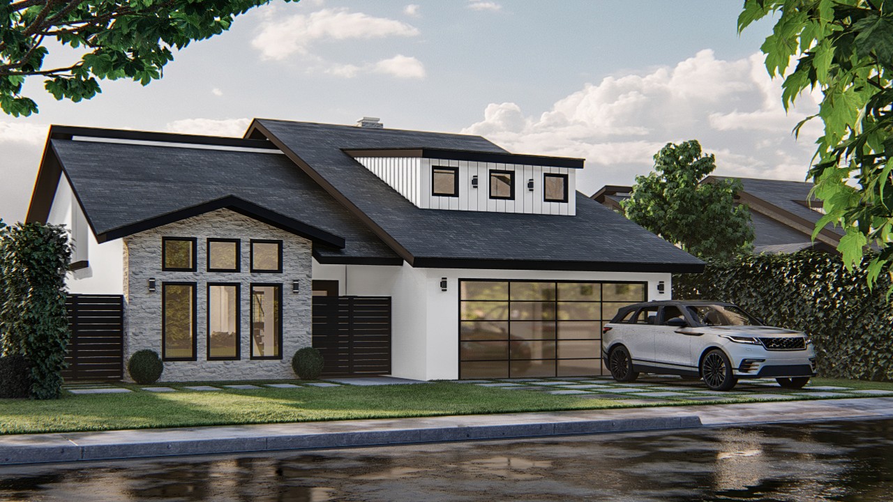 Street view of the modern lakeside home with a car in the driveway.