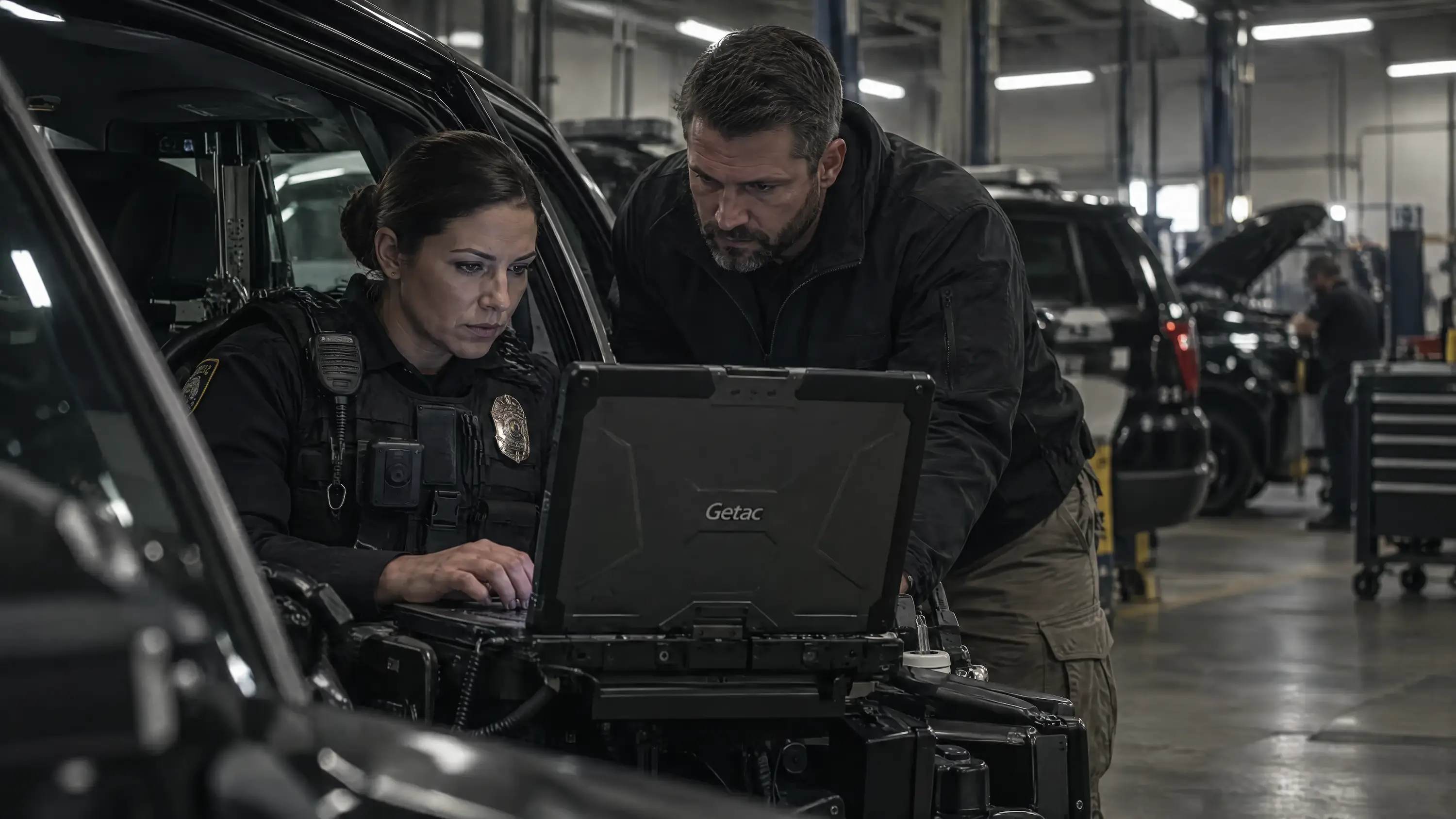 Police officer and technology specialist reviewing a Getac rugged laptop inside a patrol vehicle during a fleet technology evaluation
