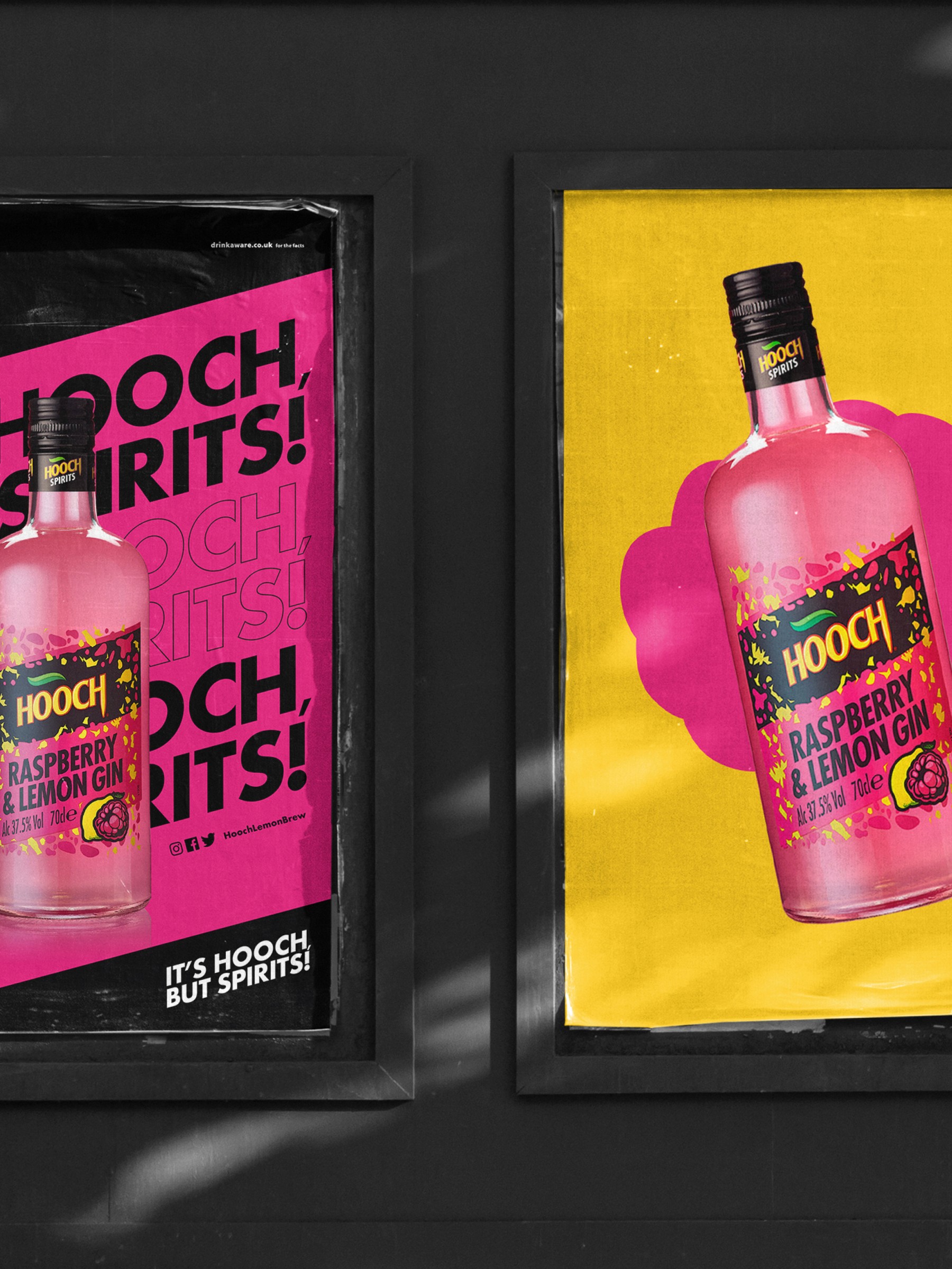 Point-of-sale display for Hooch Spirits featuring stacked cans and bold retail branding.