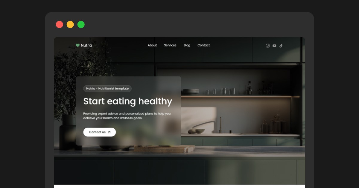 Nutria Framer template for nutritionists — dark minimal homepage with hero section and Contact CTA