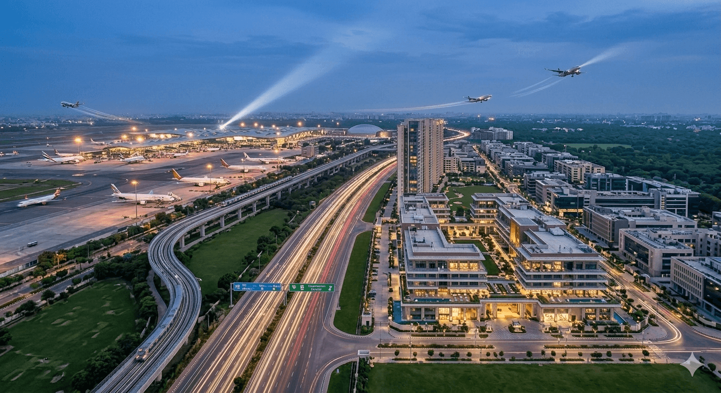 Aerial view of Dwarka Expressway near IGI Airport with modern residential infrastructure