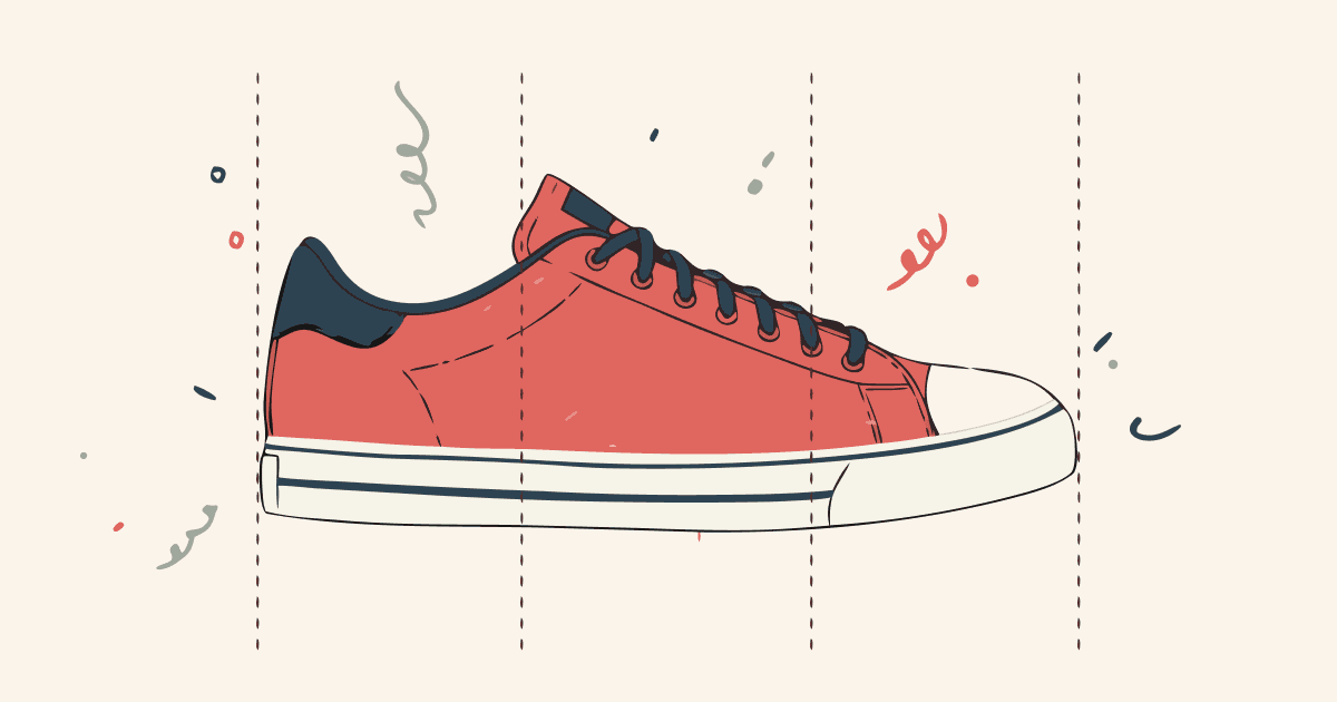 Illustrated sneaker in side profile divided into four vertical sections by dashed lines, representing a BNPL purchase split into installments, with hand-drawn doodle marks scattered around on a warm cream background.