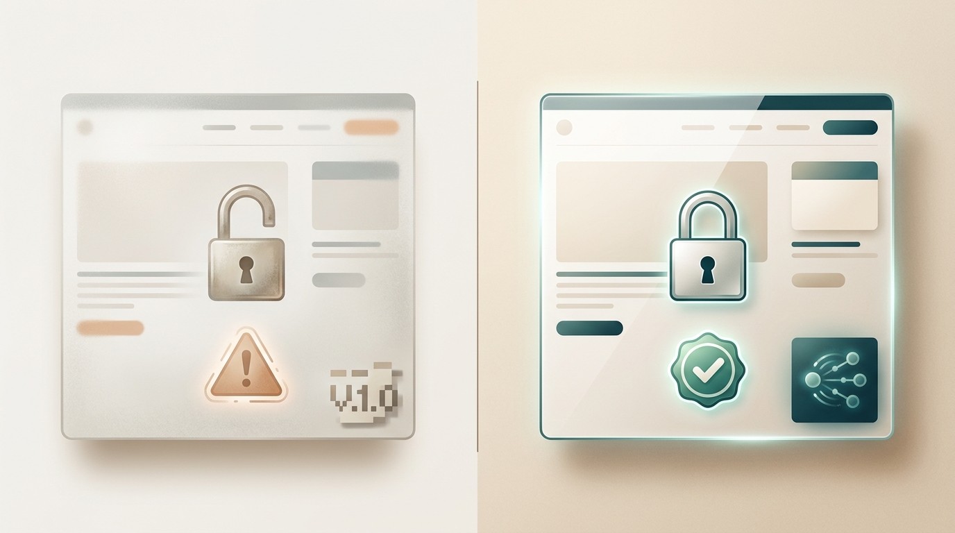 Vergleich der Website Sicherheit: vernachlässigte Seite mit offenem Schloss gegenüber geschützter Seite mit gültigem Zertifikat