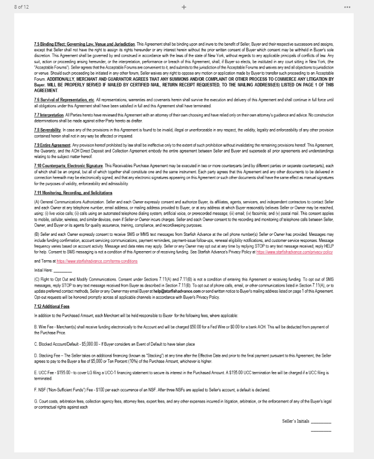 Section 7.11 of the Starfish Advance Receivables Purchase Agreement showing SMS consent block