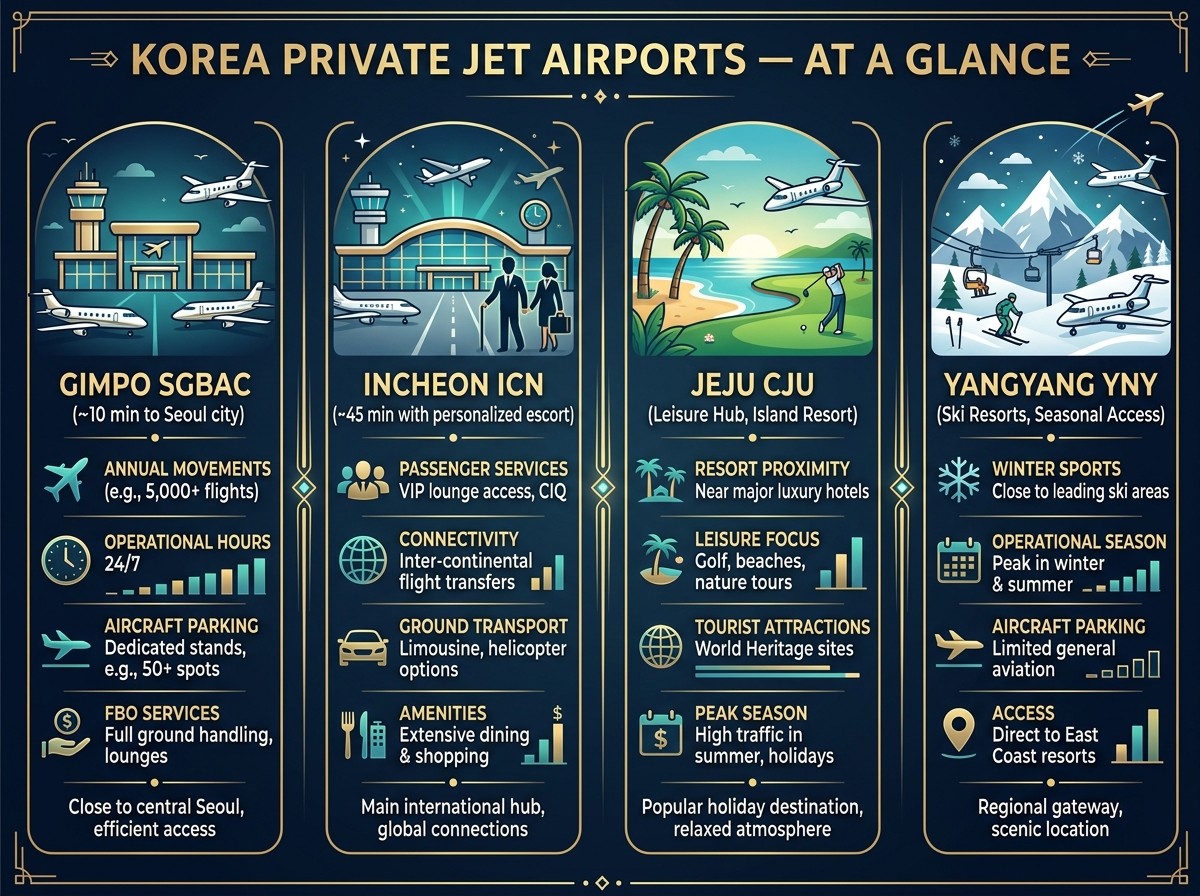 Korea four private jet airports comparison infographic — Gimpo Incheon Jeju Yangyang facilities timeline