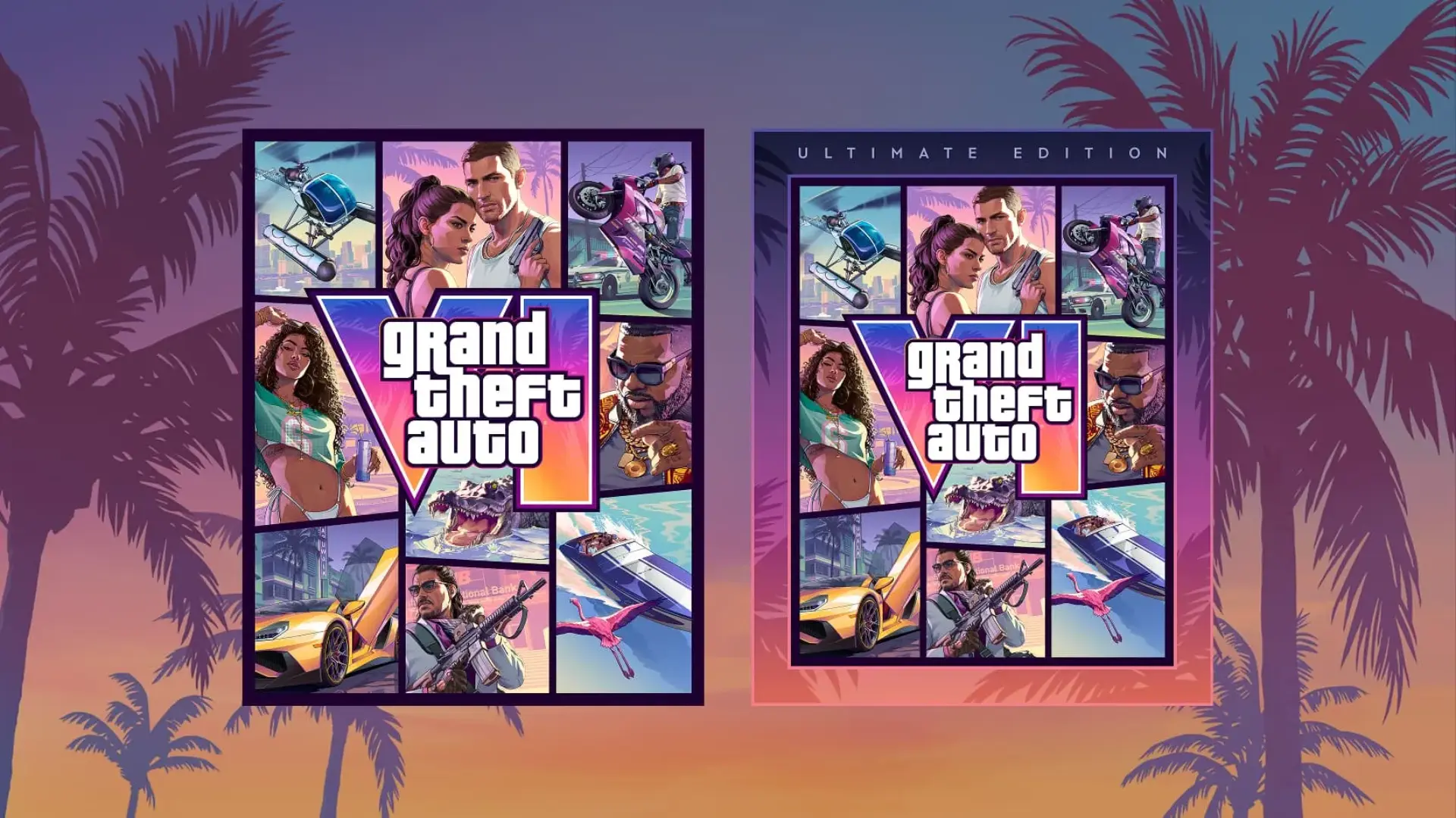 Collage promocional de Grand Theft Auto VI con escenas de personajes, vehículos, animales y paisajes