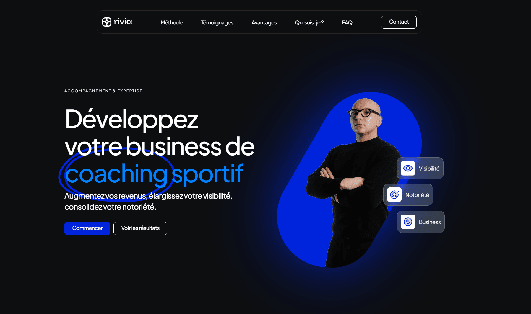header du site Rivia, commandé par JustDev et développé par Ilies MANATA, Développeur Expert Framer & Ux / Ui Designer, Freelance, Nord