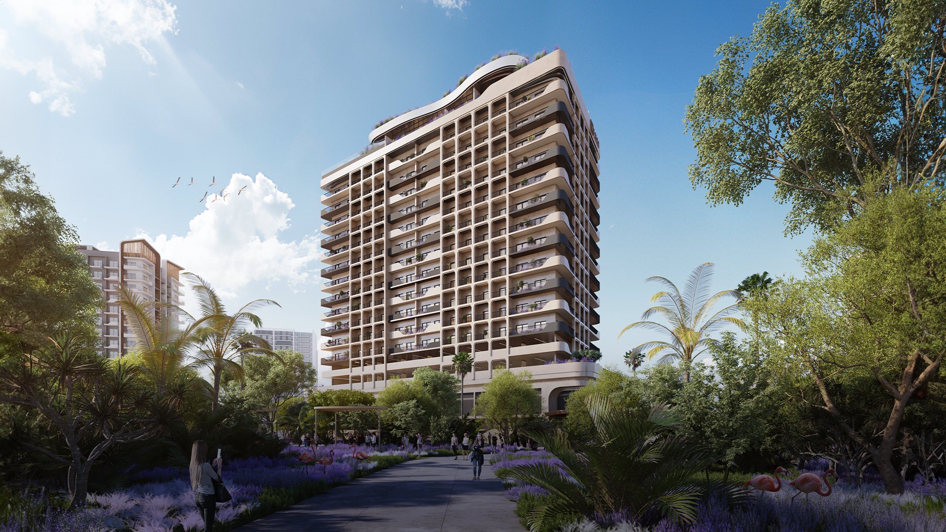 Artist's rendering of a building surrounded by greenery in Weybridge Gardens park.