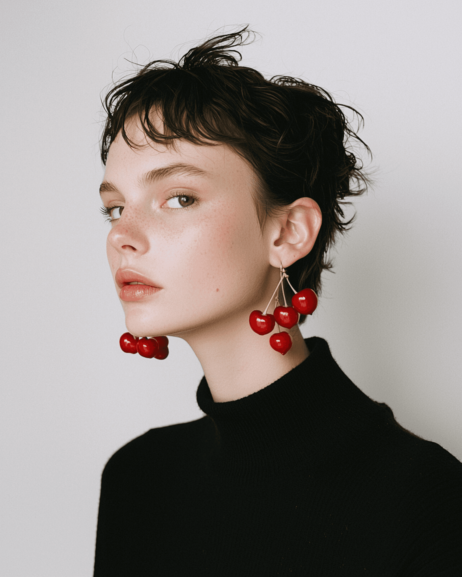 Minimalist portrait of a woman with cherry earrings, short dark hair, and a black turtleneck against a plain background.