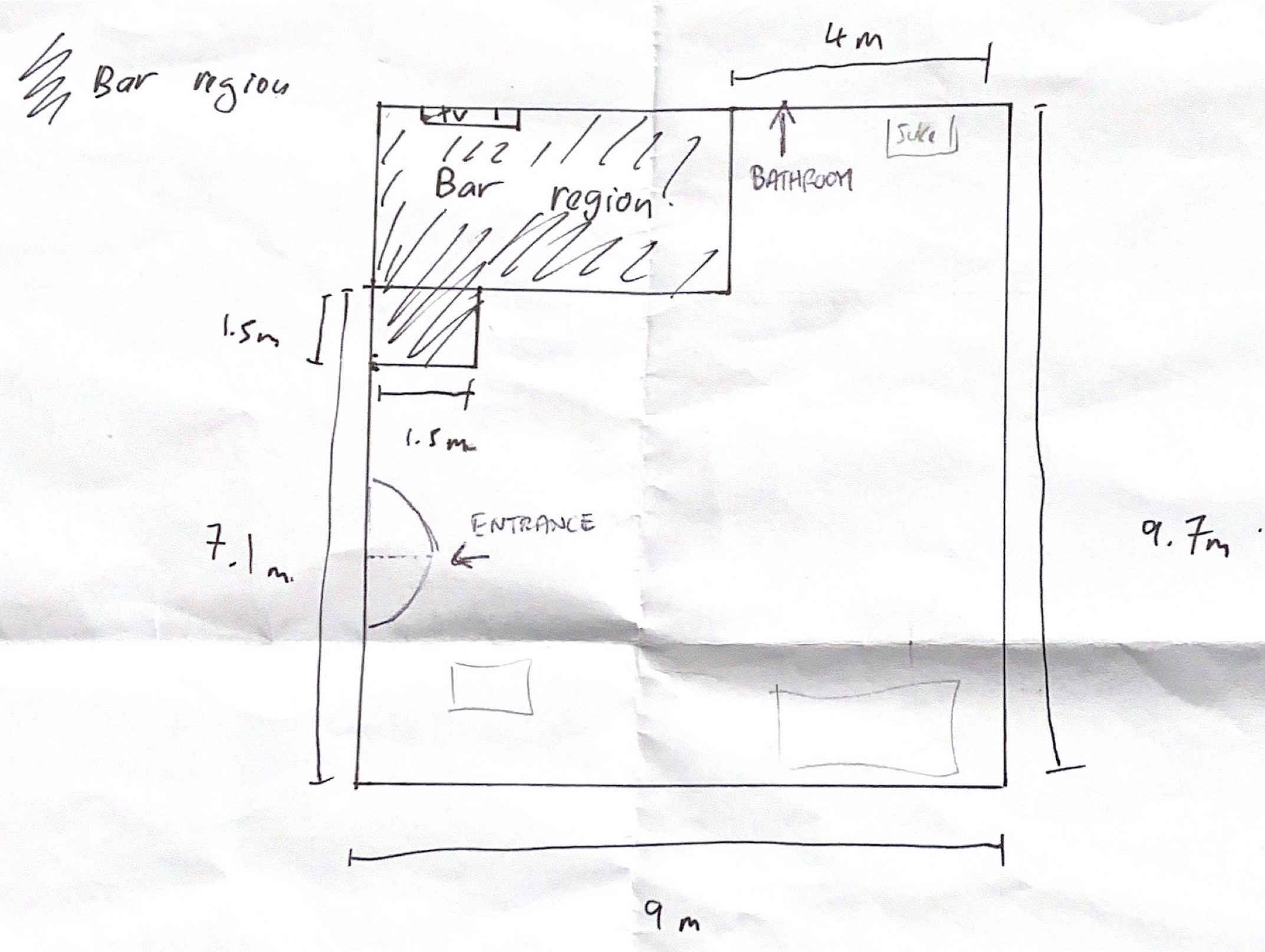 Sketch of Bar Scene Layout: A hand-drawn floor plan showing the layout of a bar scene for VR training, including a bar region, entrance, and bathroom area with dimensions.