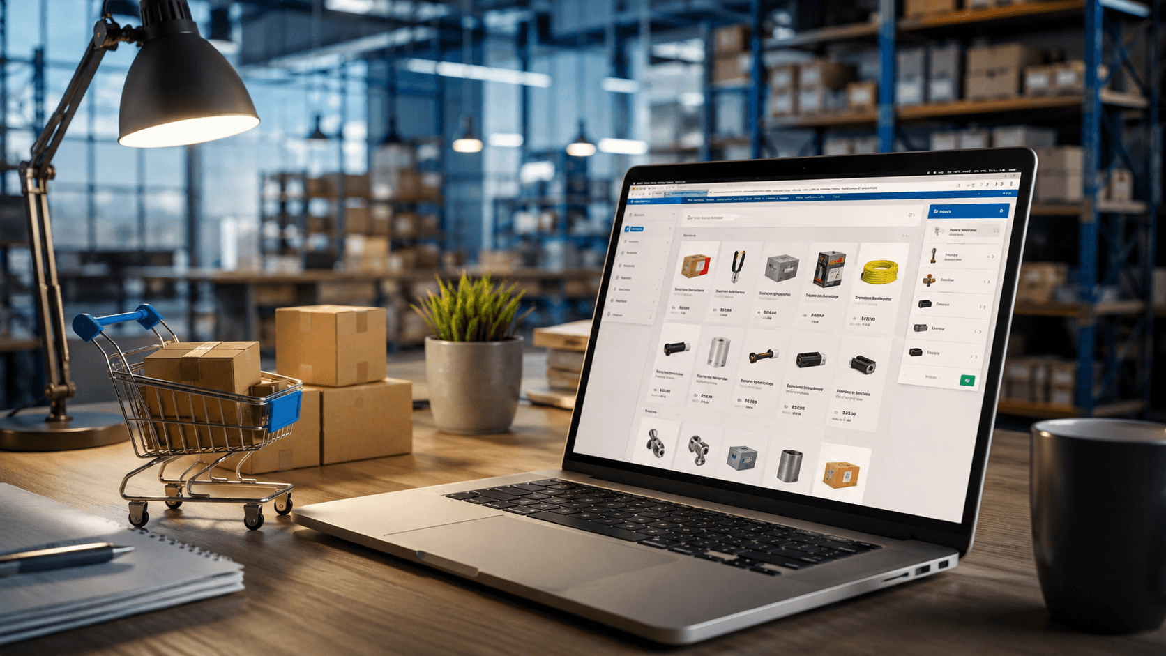 Ilustração 3D realista de um ambiente moderno de e-commerce B2B, com um notebook aberto exibindo uma plataforma de pedidos em uma mesa de escritório. Ao redor, caixas de envio, um mini carrinho de compras e elementos de armazém ao fundo reforçam o contexto logístico e comercial. A cena mistura um escritório corporativo com estoque industrial, transmitindo automação de pedidos, recompra e operação digital integrada.