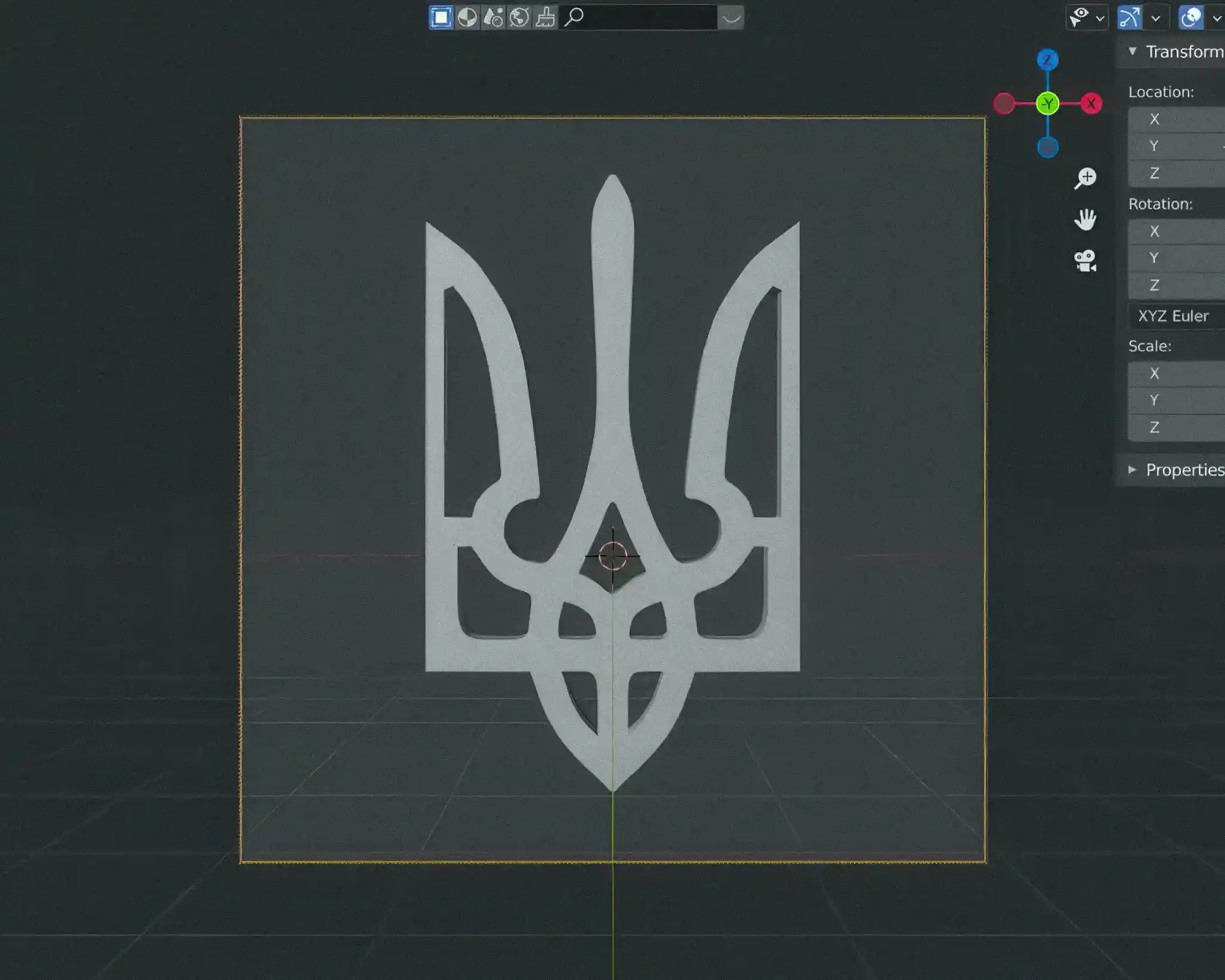 "A Blender setup with the Ukrainian trident was prepared as a shared base for the UkrArt NFT project. Designers used the same 3D model, camera, and light to create their own artworks."