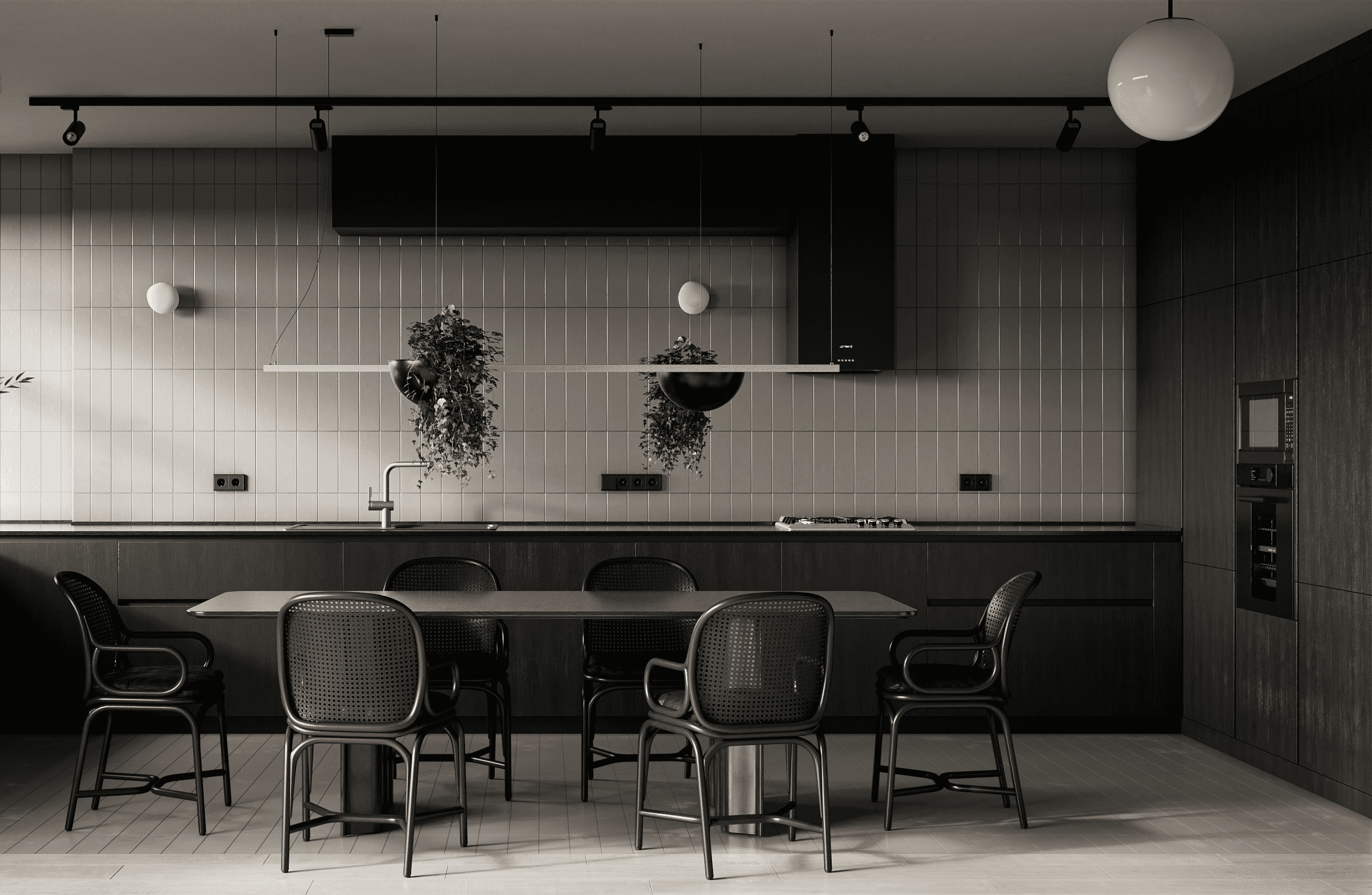 a dining room with a table and chairs