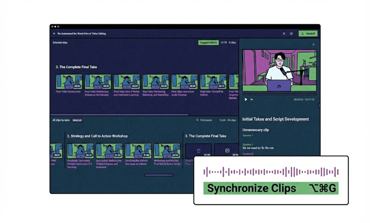 Screenshot of a video editing software interface showing synchronized clips and audio waveform alignment.