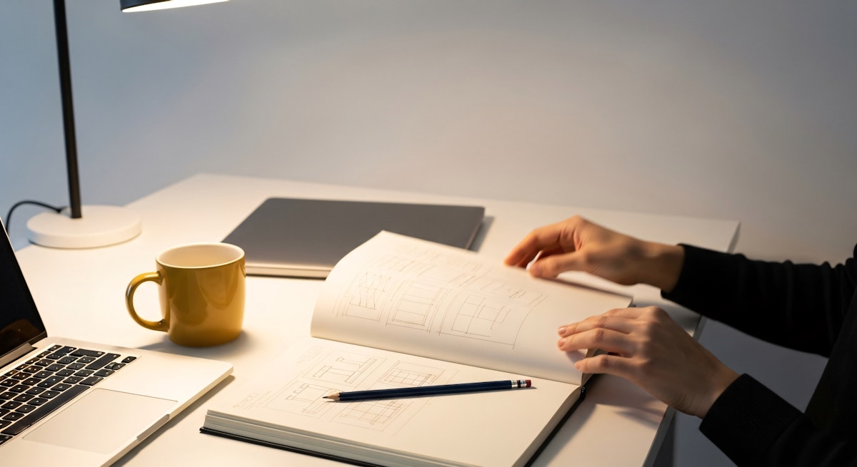 Hand flipping through a book on table beside a cup.