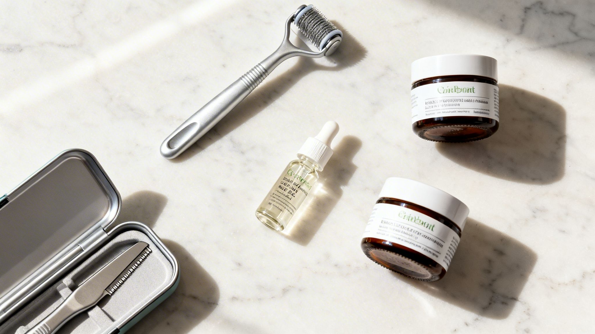 A flat lay of skincare tools and products, including a derma roller, serum, creams, and a dermaplaning tool, on a marble surface.