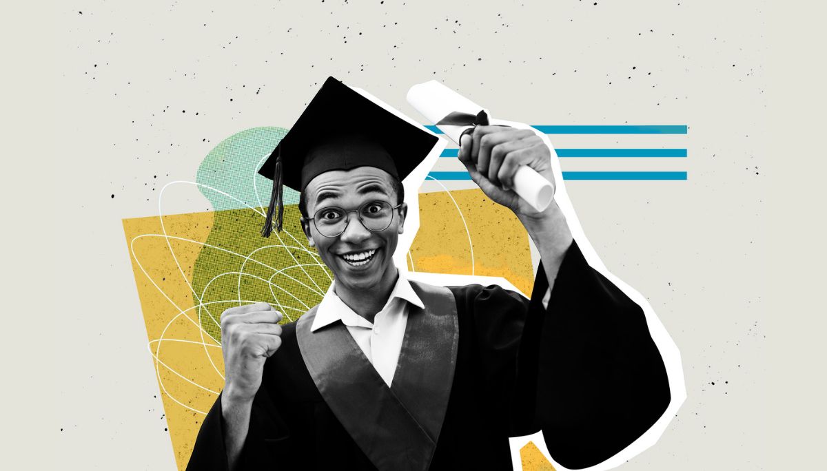Graduate in cap and gown holding diploma with colorful abstract background, symbolizing best software engineering schools in the US.