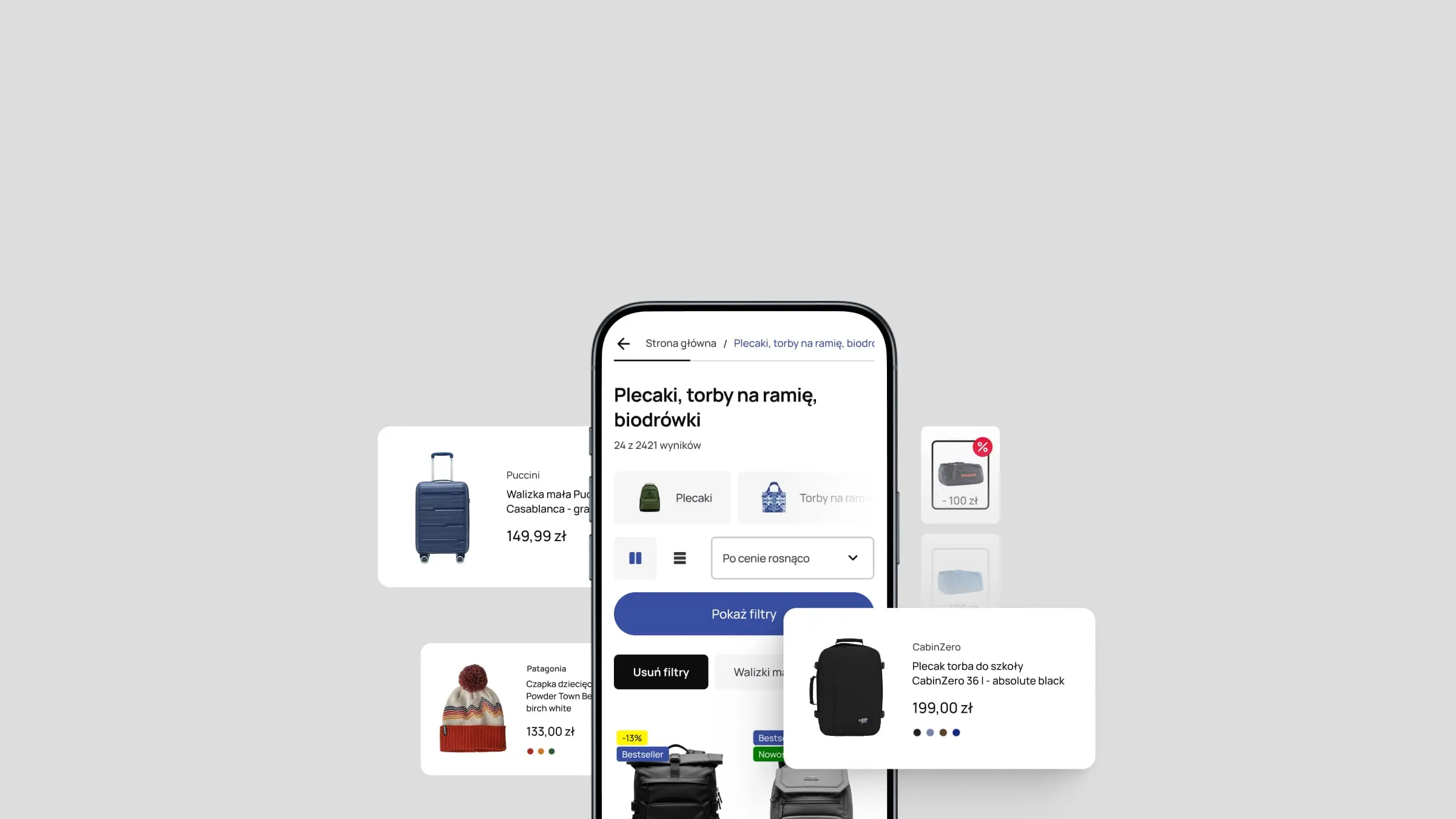 Mobile UI showcase for an e-commerce store, displaying a product listing page with interactive gear cards and search filters on a clean grey background.