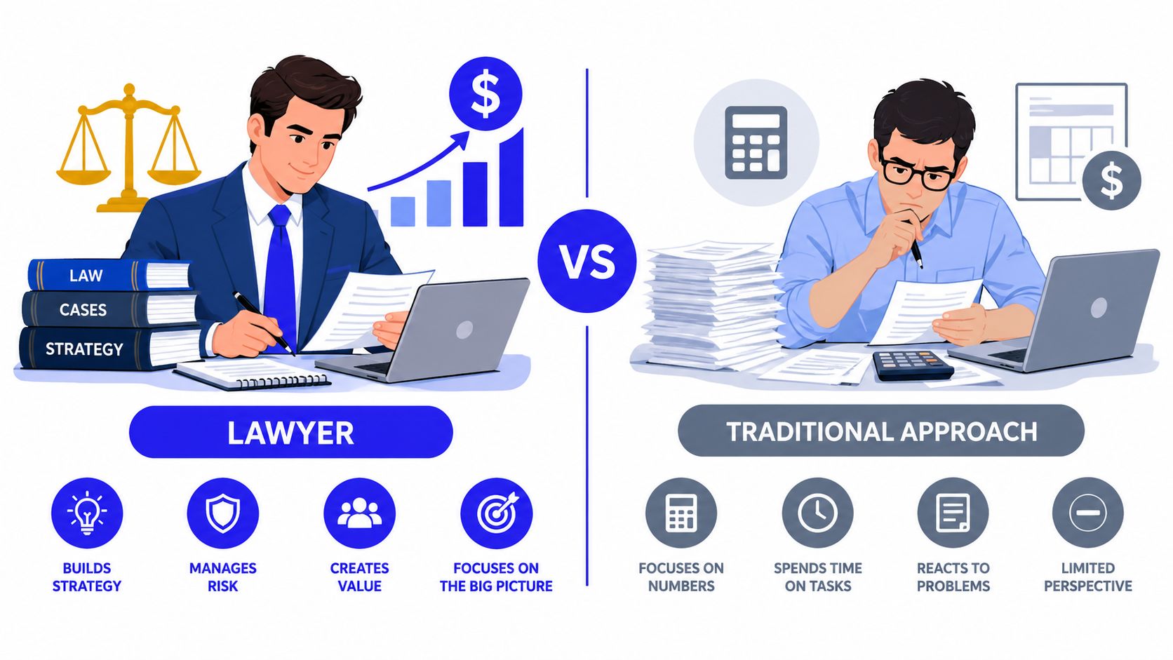 An infographic comparing the proactive strategic approach of a lawyer with a reactive traditional approach.