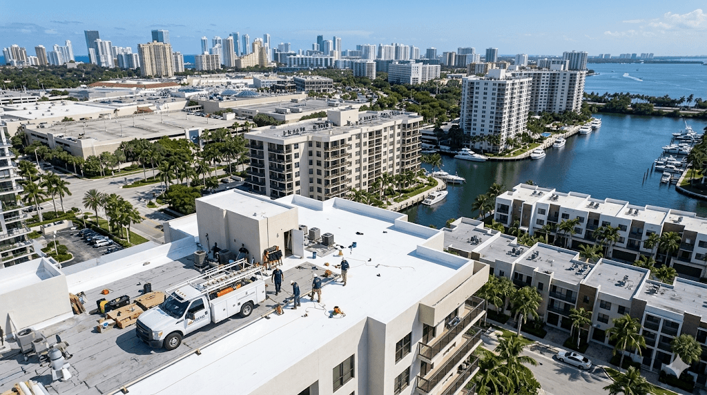 Roofing contractor Aventura FL — premium flat roof replacement on luxury condominium by Roofing Network licensed contractor