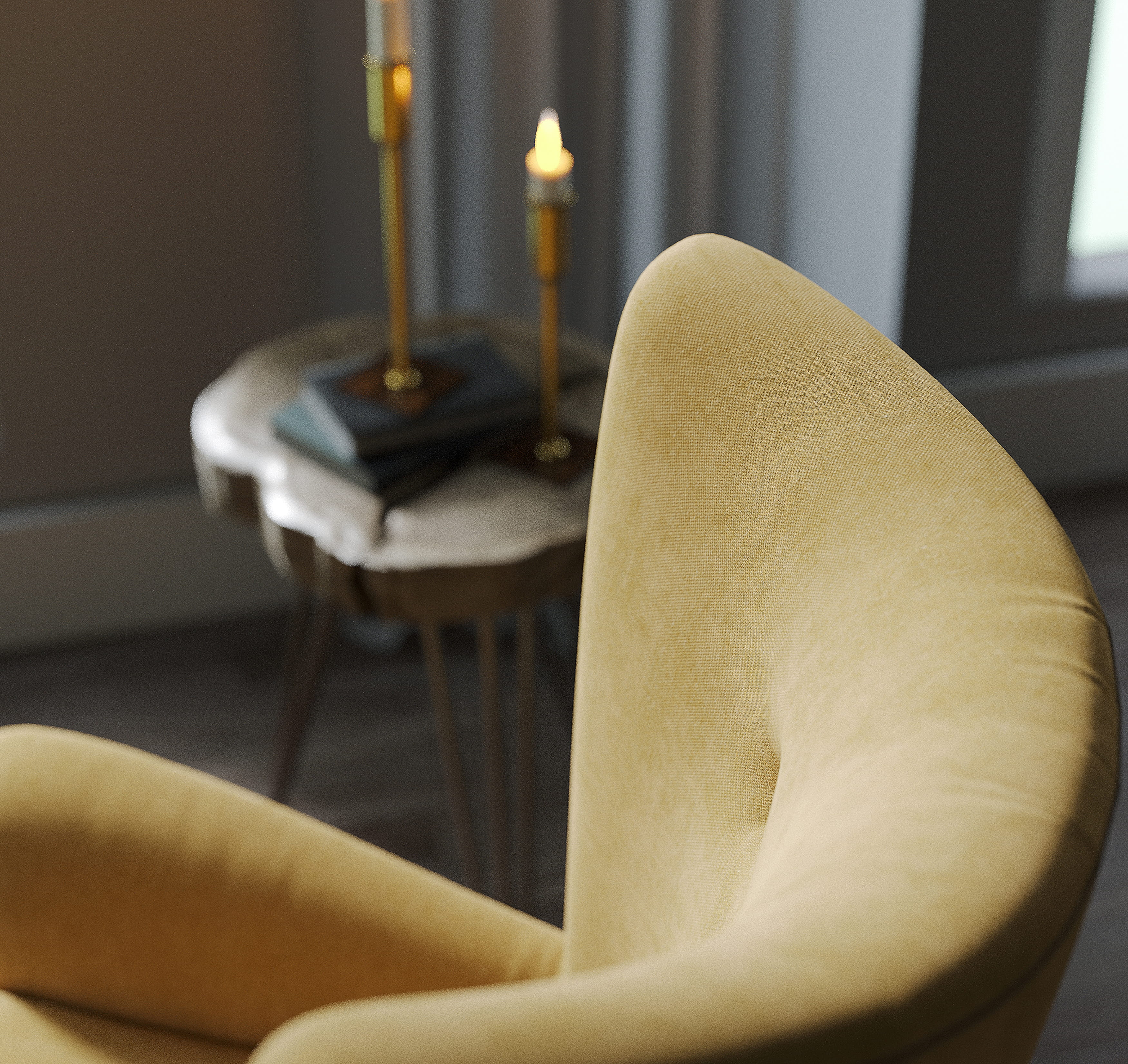Close-up of wingback chair showing fabric texture and curved backrest