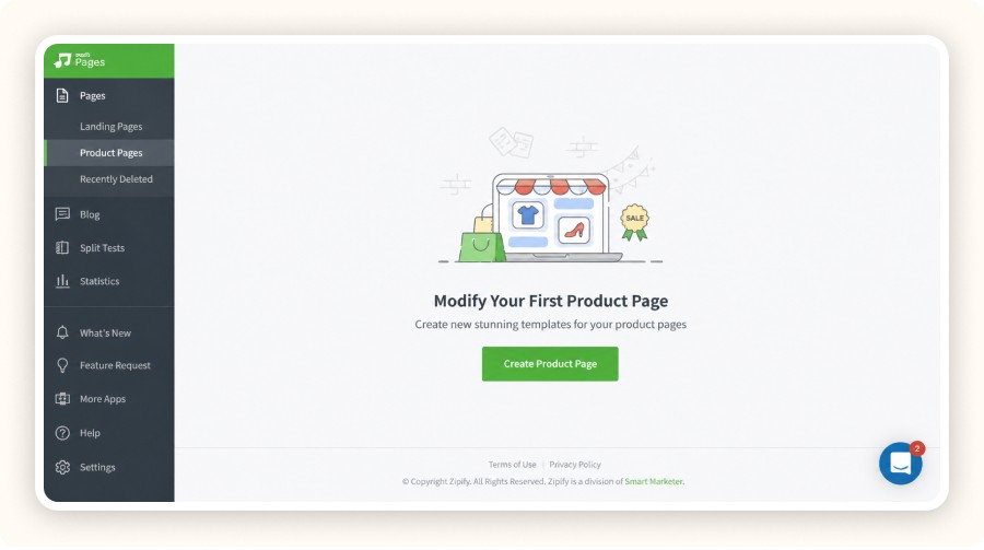 Dashboard showing product pages section with create product page button and sidebar menu