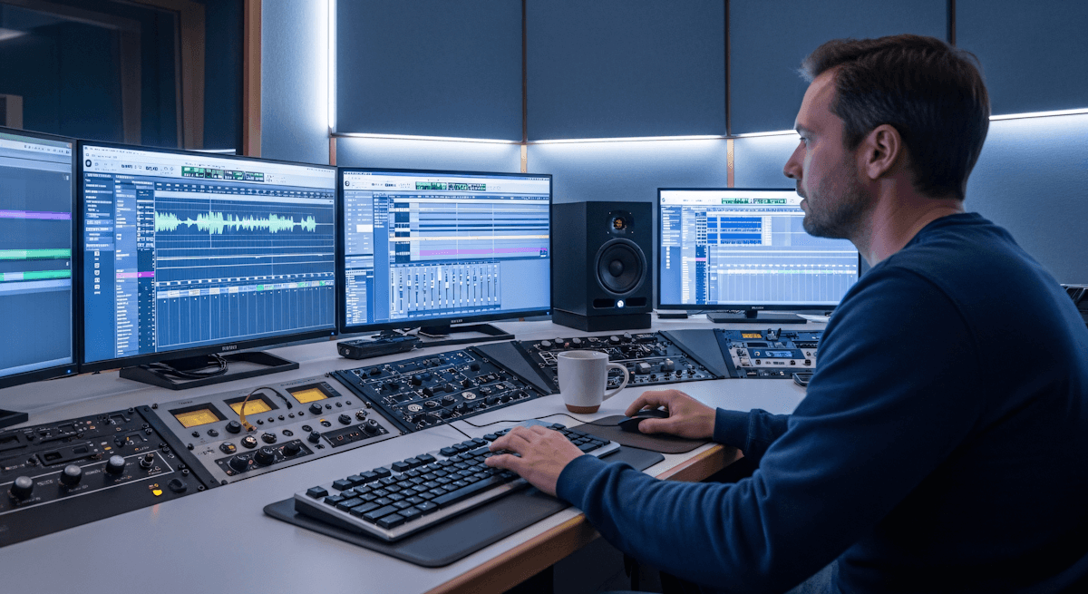 A person is seated at a control panel with multiple screens displaying audio and video software.