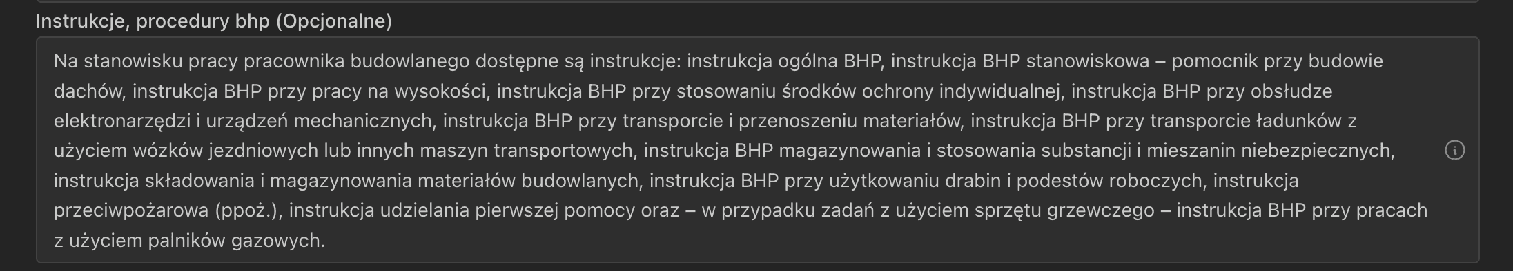 Nowe pole Instrukcje BHP