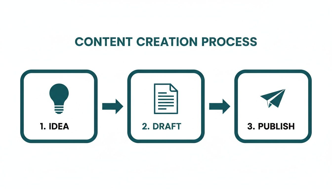 A diagram illustrates the content creation process with three steps: 1. Idea (lightbulb), 2. Draft (document), 3. Publish (paper plane).