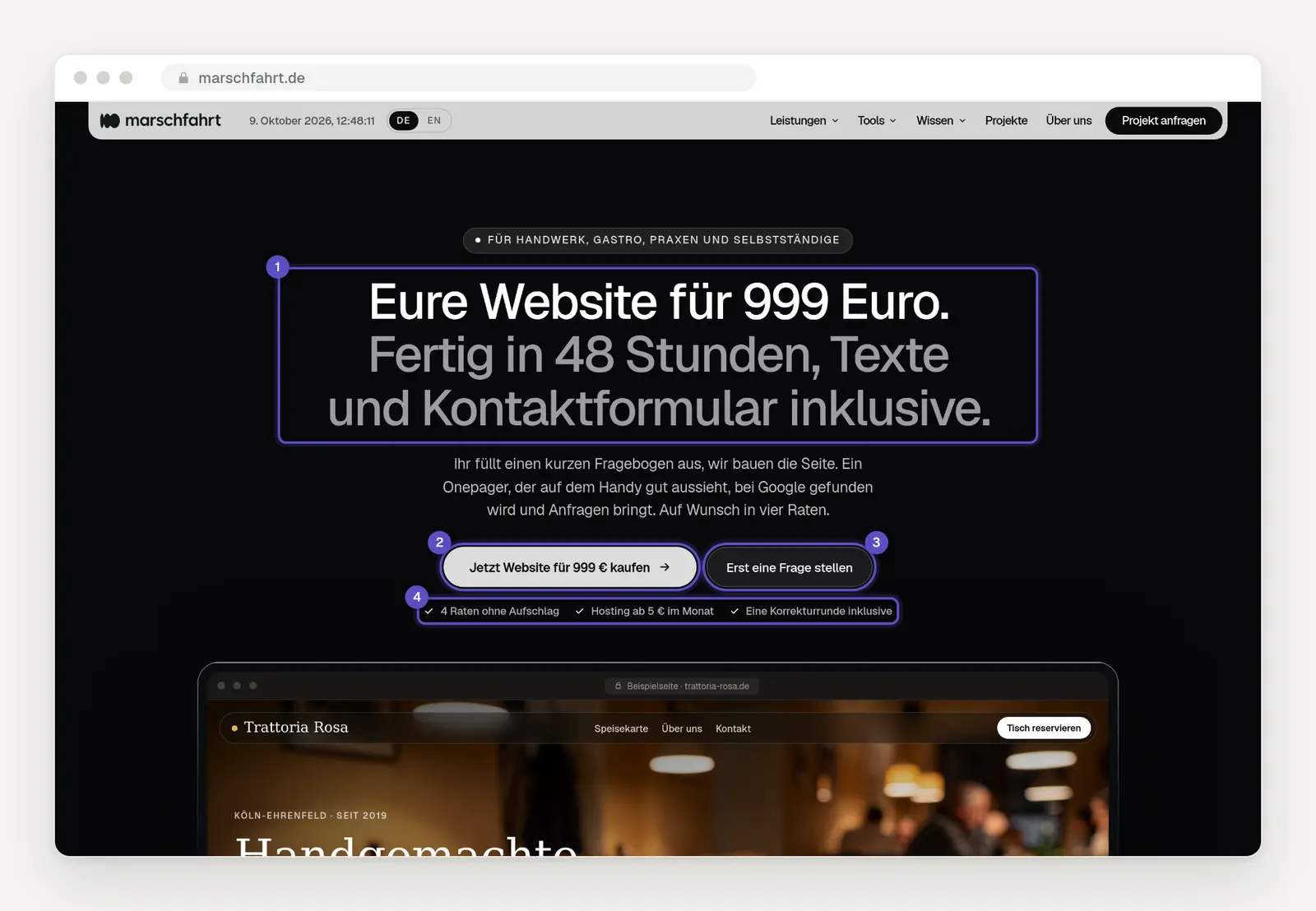 Erster Bildschirm einer Landingpage mit Überschrift, Haupt-Knopf, Zweit-Knopf und drei Bedenken-Lösern