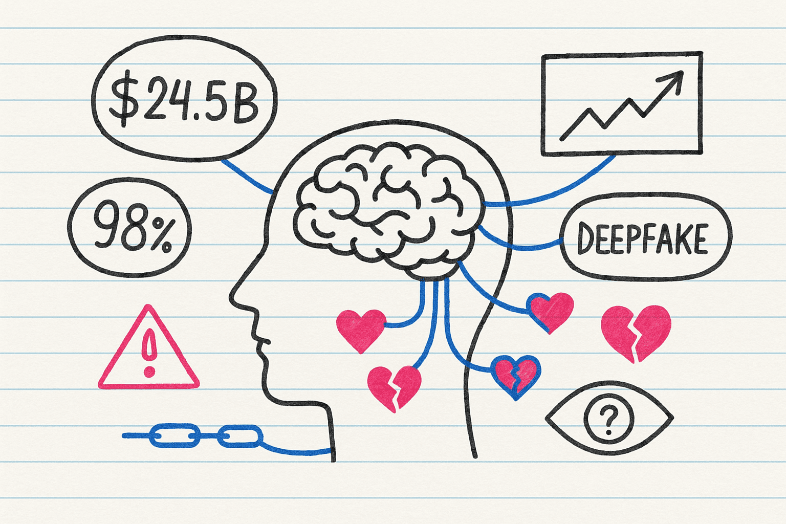 Infografía doodle sobre mercado de IA adulta mostrando $24.5 mil millones, estadísticas de deepfakes y conexiones digitales cerebro-pantallas