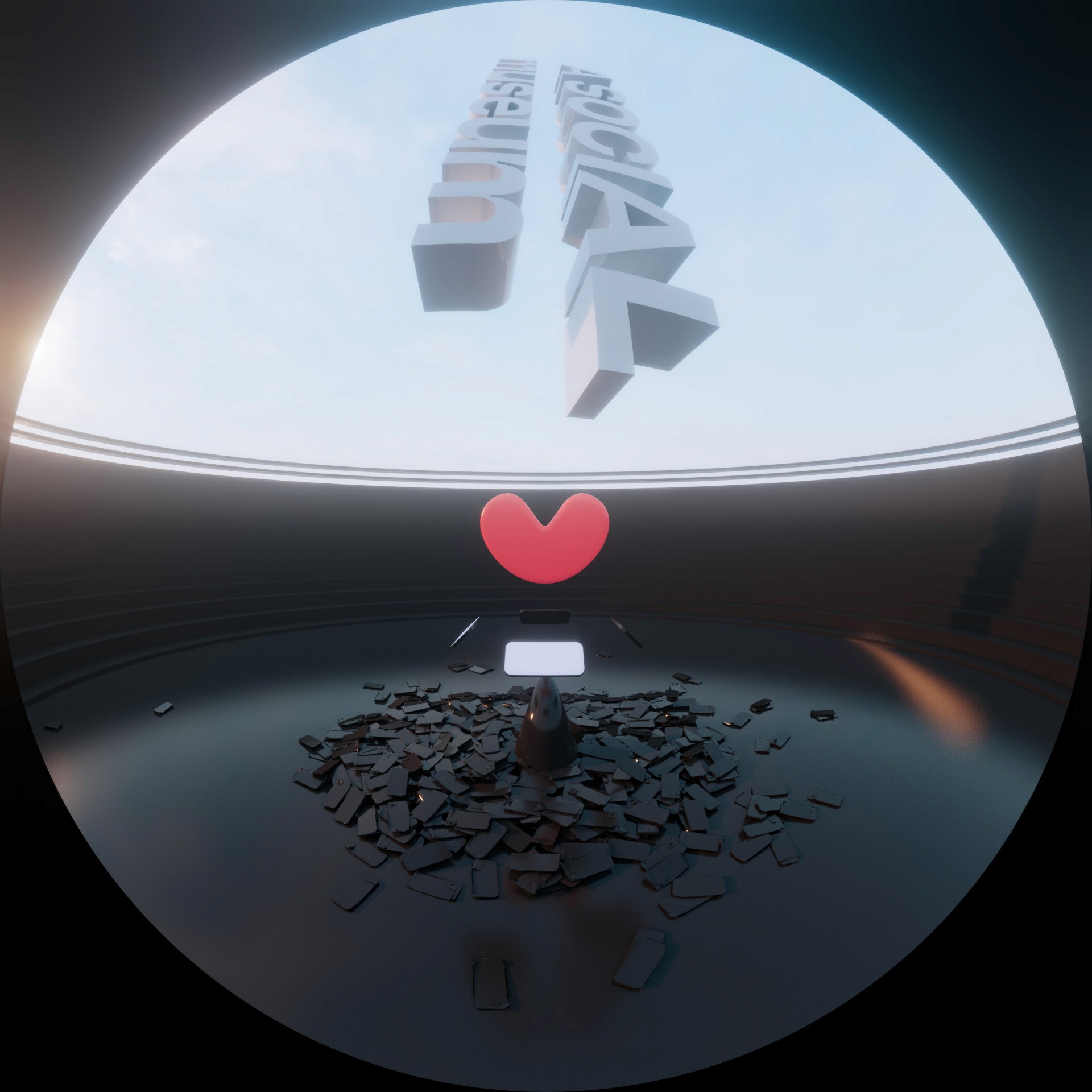 Red heart shape floating above a pile of broken smartphones in a dark circular room with sky visible above.