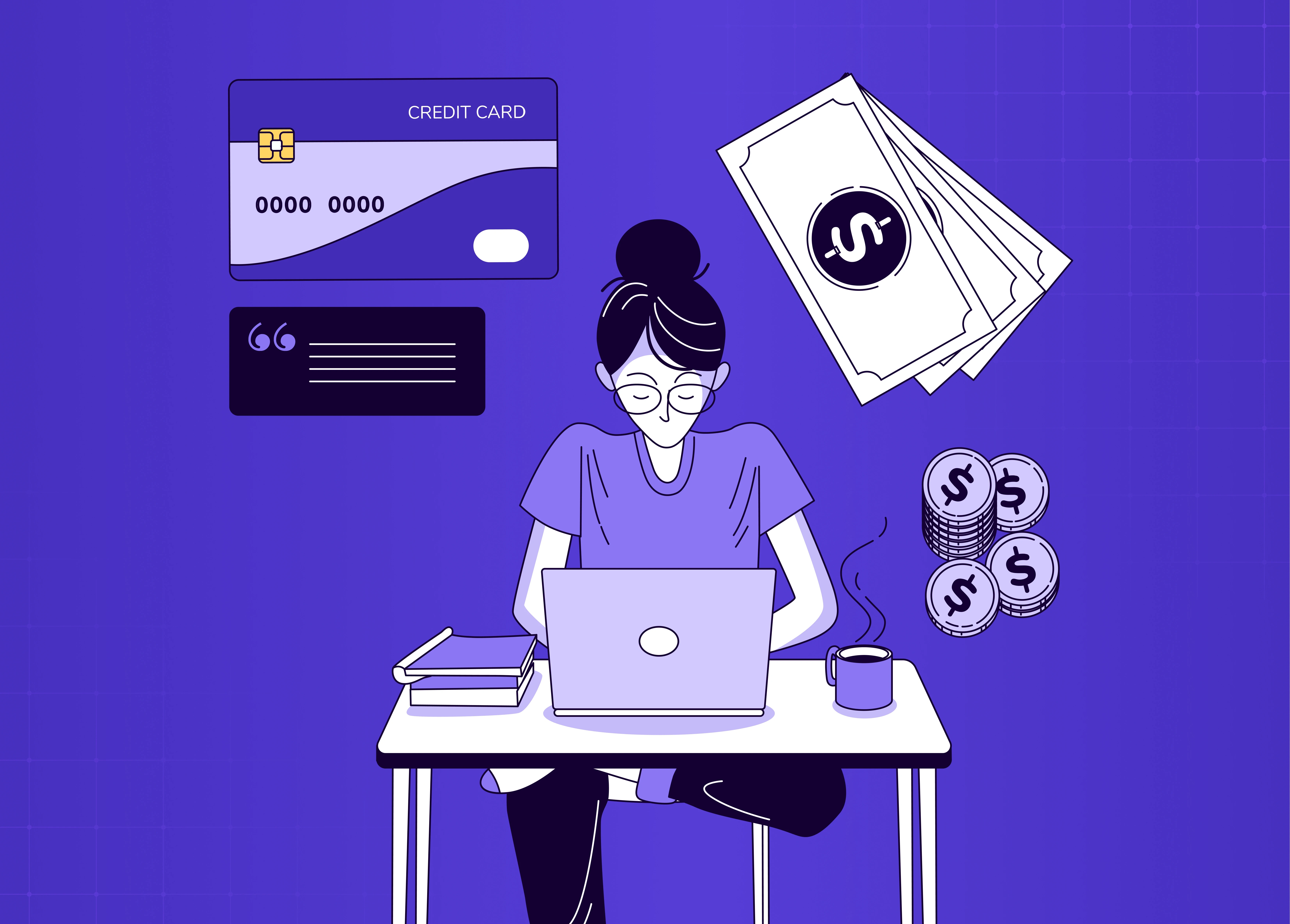 Illustration of a person working on a laptop surrounded by financial elements like credit cards, cash, coins, and notes, representing personal finance or fintech management.