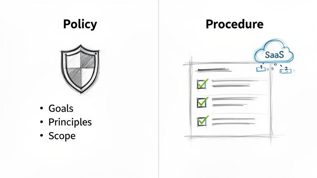 Visual comparison of policy (goals, principles, scope) and procedure (checklist, SaaS application steps).