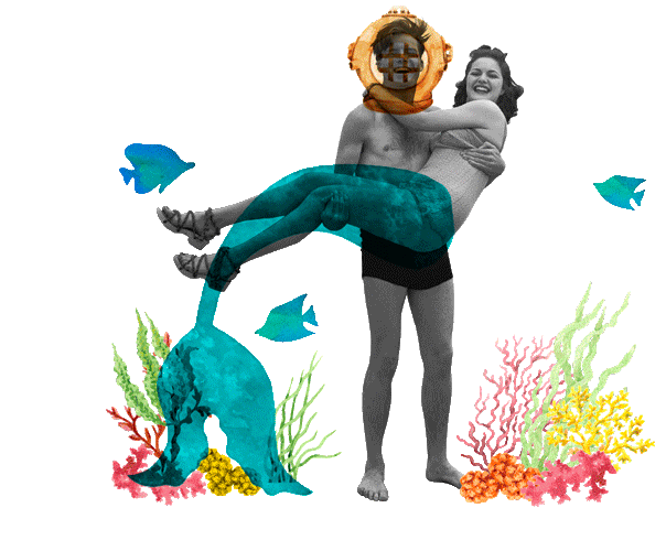Hombre en traje de buceo cargando a una mujer sonriente con cola de sirena, rodeados de peces y corales.