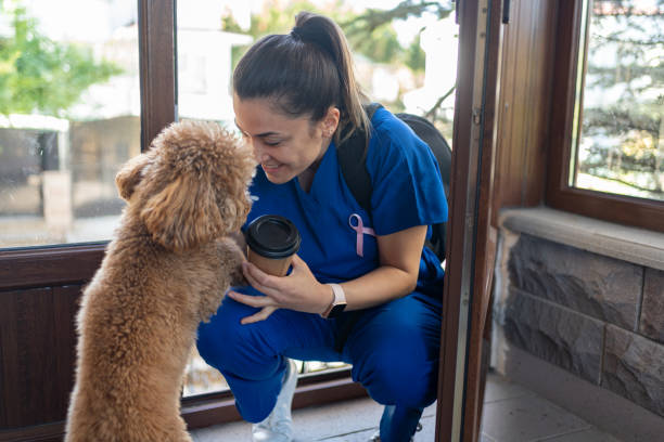 A dog happily greets his veterinarian who has visited him for a check-up