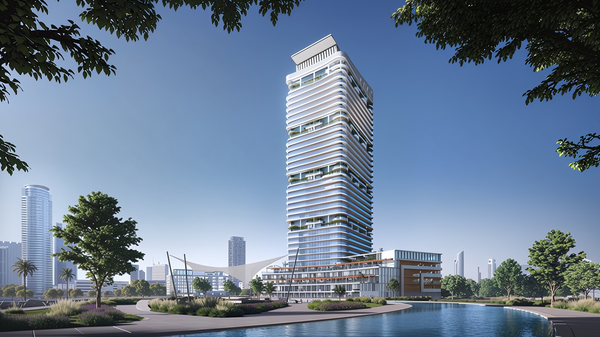 A construction site for Radiant Elite Towers is underway on a sandy beach, with cranes and building materials visible.