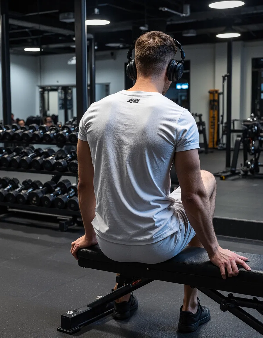Person wearing white t-shirt and headphones sitting on workout bench in modern gym with dumbbell rack visible in background